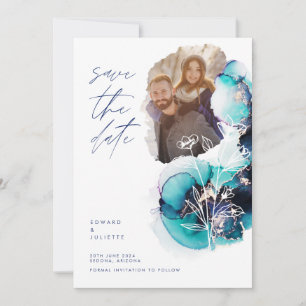 Save The Date Aquarelle moderne Agate Aqua Encre & Flore Photo
