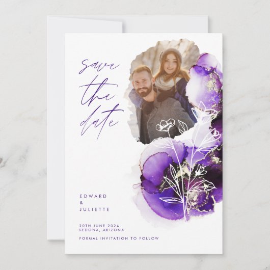 Save The Date Aquarelle moderne Agate Violet Encre & Flore Photo (Devant)