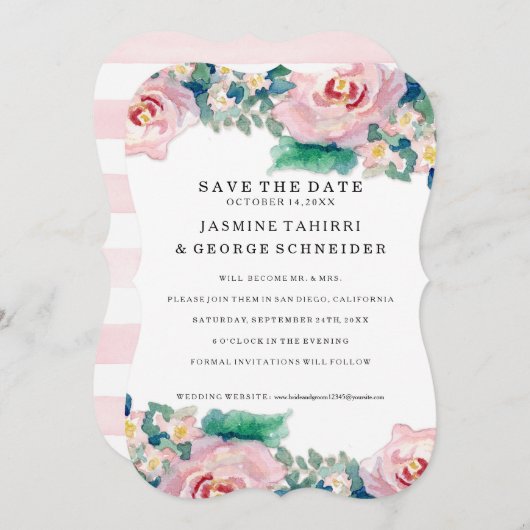 Save The Date Aquarelle MODERNE Chic Large Stripes avec Rose (Devant / Derrière)