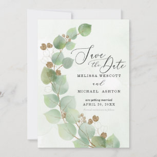 Save The Date Aquarelle moderne Eucalyptus Vert Or Accent