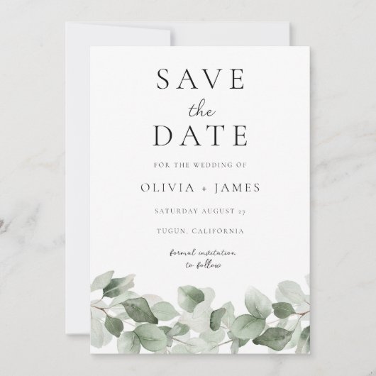 Save The Date Aquarelle moderne Feuille verte Mariage élégant (Devant)