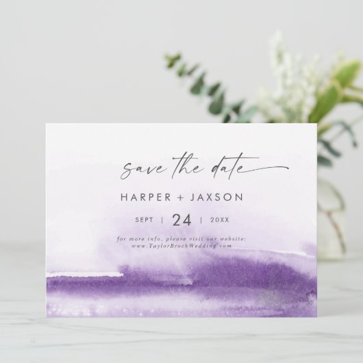Save The Date Aquarelle moderne | Horizontal pourpre (Debout devant)