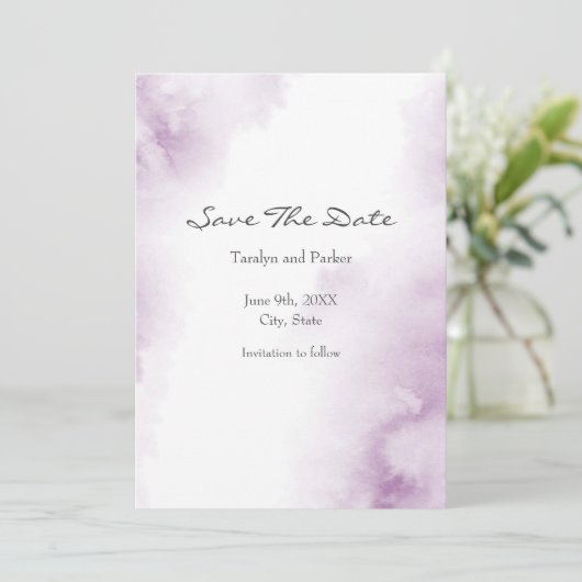 Save The Date Aquarelle molle Plum Mauve Abstraite cadre (Debout devant)