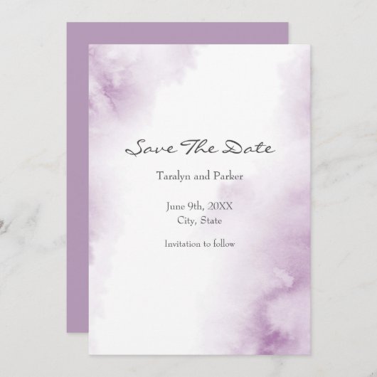 Save The Date Aquarelle molle Plum Mauve Abstraite cadre (Devant / Derrière)