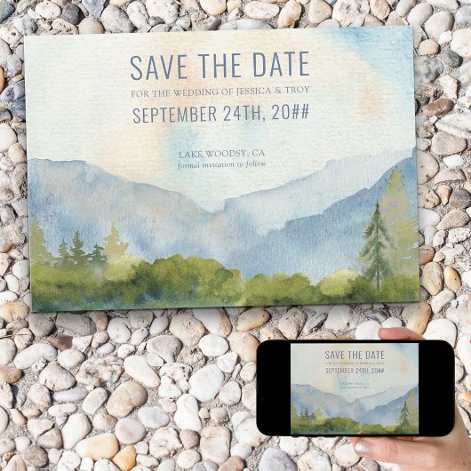 Save The Date Aquarelle Mountain Lake Dusty Blue