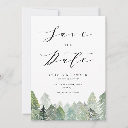 Save The Date Aquarelle Neige À feuillage persistant Bois Mariag (Devant)