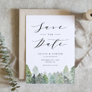 Save The Date Aquarelle Neige À feuillage persistant Bois Mariag