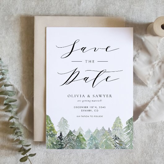 Save The Date Aquarelle Neige À feuillage persistant Bois Mariag