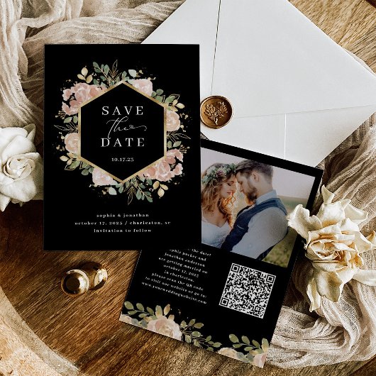 Save The Date Aquarelle neutre Floral noir QR Code et photo