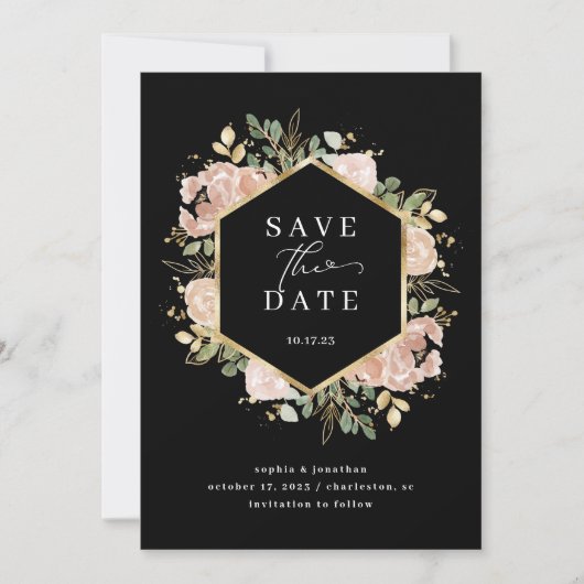 Save The Date Aquarelle neutre florale | Noir Enregistrer la dat (Devant)