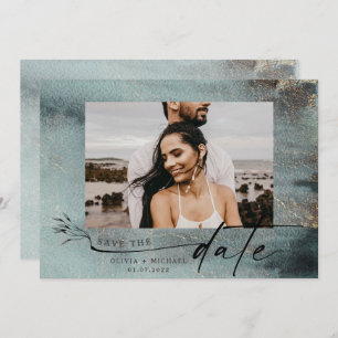 Save The Date Aquarelle océanique Turquoise avec photo Gold Enre