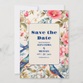 Save The Date Aquarelle Oiseaux Peony Chinoiserie Jardin Mariage (Devant)
