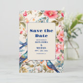 Save The Date Aquarelle Oiseaux Peony Chinoiserie Jardin Mariage (Debout devant)