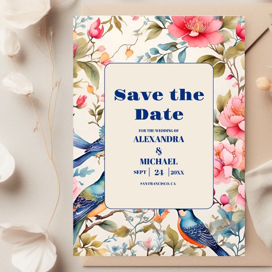 Save The Date Aquarelle Oiseaux Peony Chinoiserie Jardin Mariage