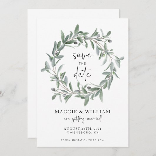Save The Date Aquarelle Olive Branches Mariage Enregistrer La Da (Devant / Derrière)