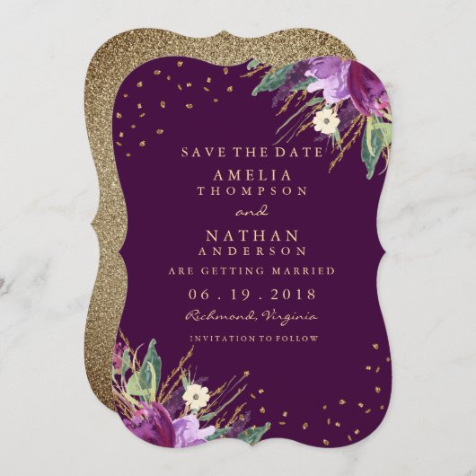 Save The Date Aquarelle Or Purple Fleur Enregistrer La Date (Devant / Derrière)