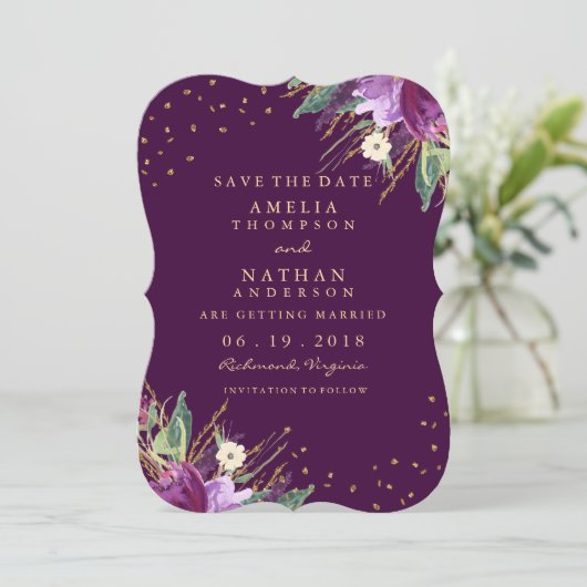 Save The Date Aquarelle Or Purple Fleur Enregistrer La Date (Debout devant)