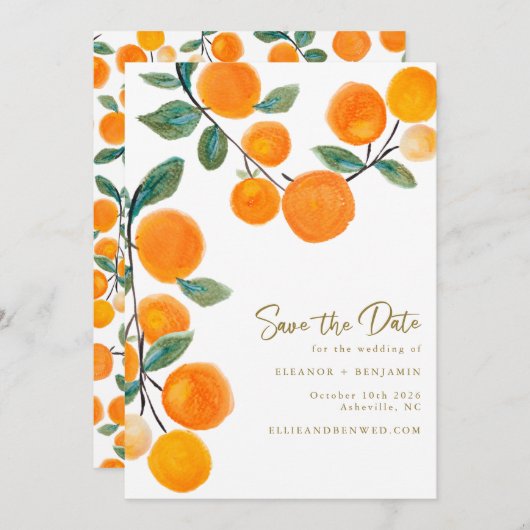 Save The Date Aquarelle Orange Citrus Mariage de script (Devant / Derrière)