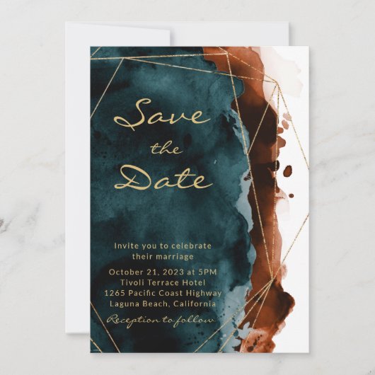 Save The Date Aquarelle orange turquoise et brûlée Enregistrer l (Devant)