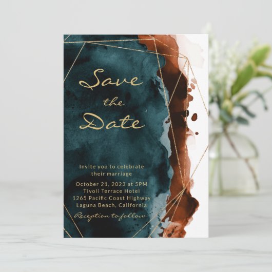 Save The Date Aquarelle orange turquoise et brûlée Enregistrer l (Debout devant)