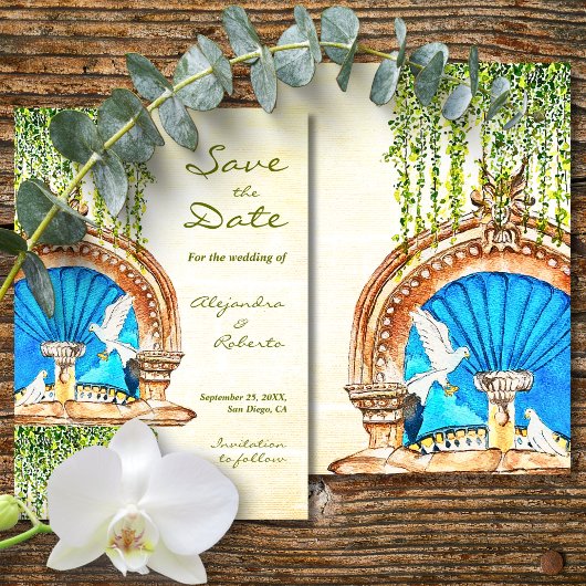 Save The Date Aquarelle originale Vieux Mexique Fontaine Mariage