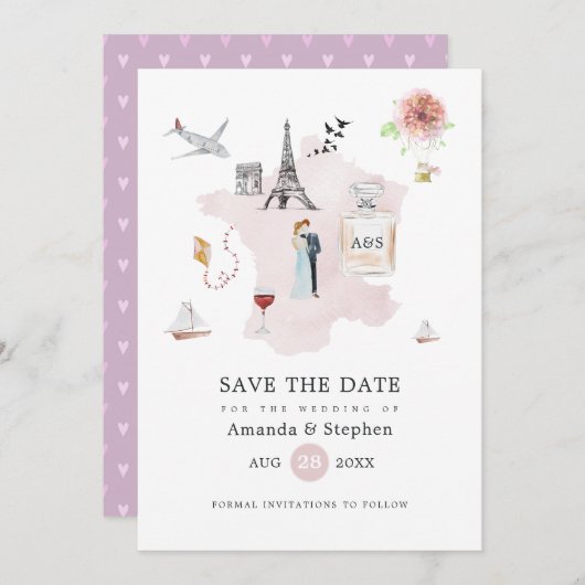 Save The Date Aquarelle Paris Destination Mariage Monogramme (Devant / Derrière)