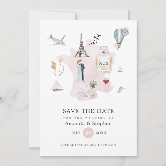Save The Date Aquarelle Paris Destination Mariage Monogramme (Devant)