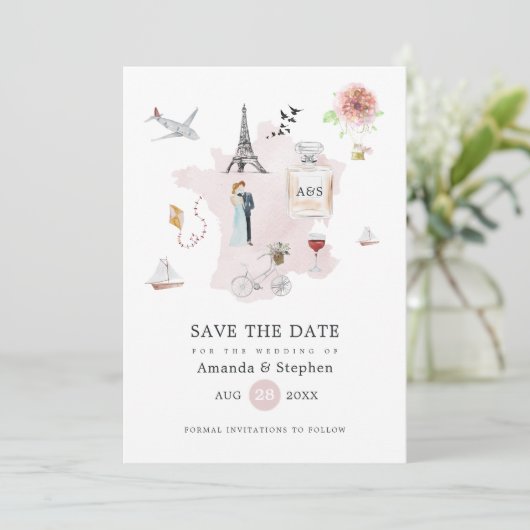 Save The Date Aquarelle Paris Destination Mariage Monogramme (Debout devant)