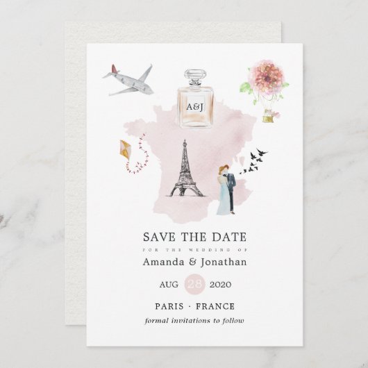Save The Date Aquarelle Paris Mariage à thème Monogramme (Devant / Derrière)