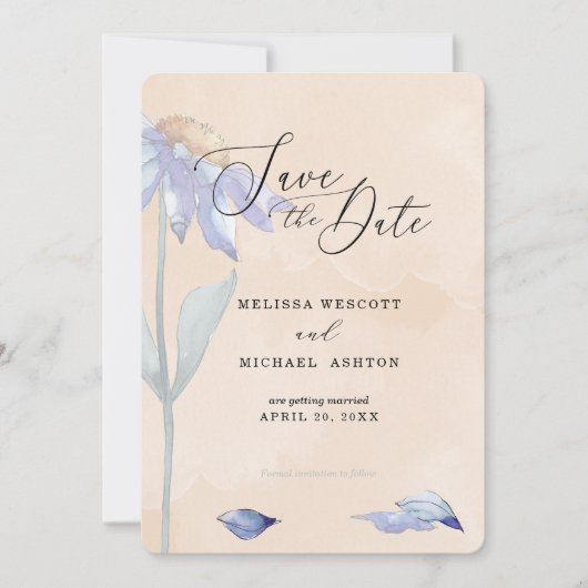 Save The Date Aquarelle Peach Soft avec Mariage Purple Daisy (Devant)