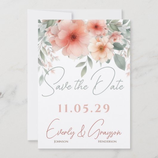 Save The Date Aquarelle Peacht rose Sage Mariage vert (Devant)
