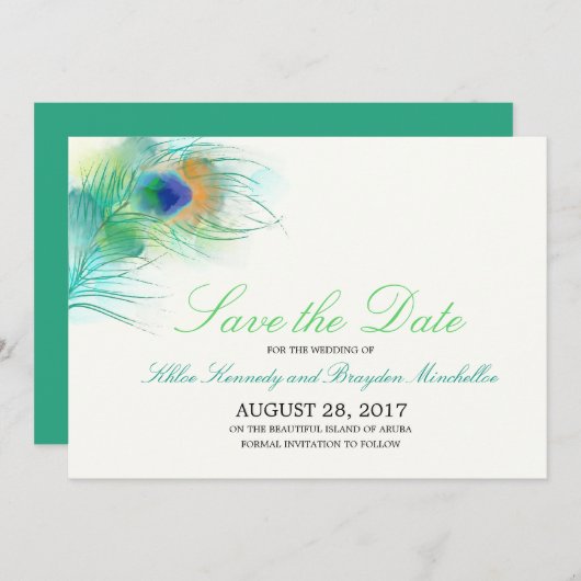 Save The Date Aquarelle Peacock Feather Enregistrer la date (Devant / Derrière)