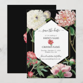 Save The Date Aquarelle Peonies rose Fleurs Mariage Noir (Devant / Derrière)