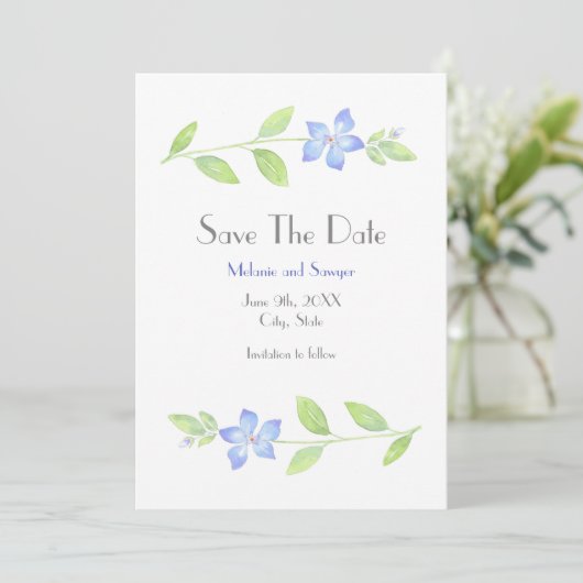 Save The Date Aquarelle Périwinkle Flower Enregistrer La Date (Debout devant)