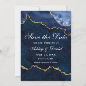 Save The Date Aquarelle Photo de géode d'agate marbrée bleu or (Devant)