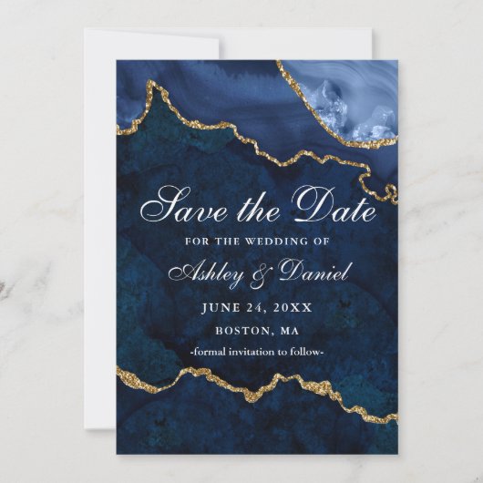 Save The Date Aquarelle Photo de géode d'agate marbrée bleu or (Devant)