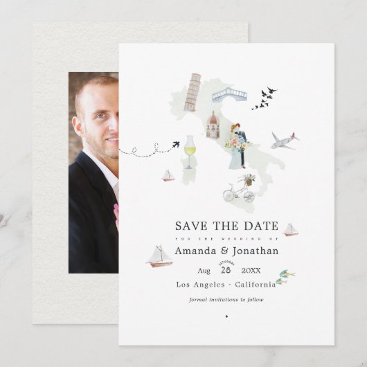 Save The Date Aquarelle photo de mariage de destination italienn (Devant / Derrière)