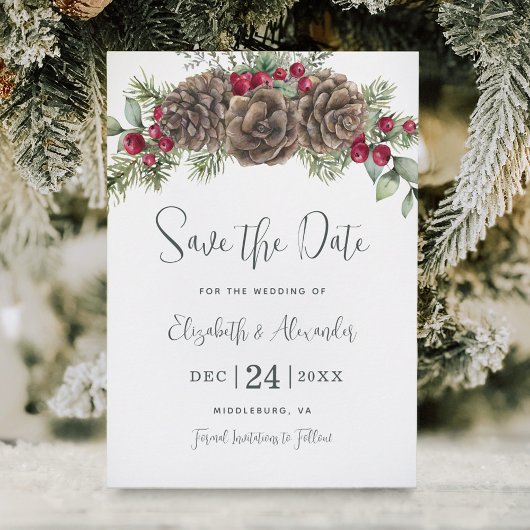 Save The Date Aquarelle Pine d'hiver Berries Mariage de Noël