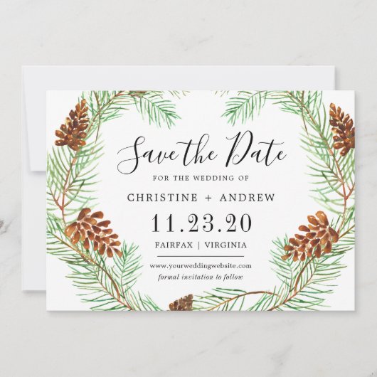 Save The Date Aquarelle Pinecone Élégant hiver simple (Devant)