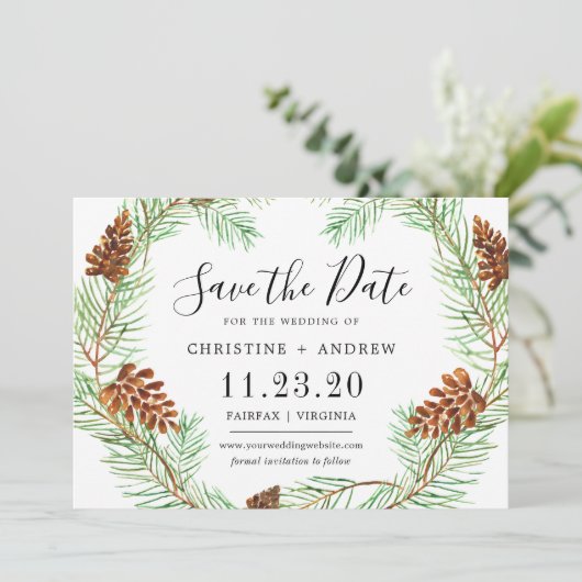 Save The Date Aquarelle Pinecone Élégant hiver simple (Debout devant)