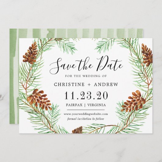 Save The Date Aquarelle Pinecone Élégant hiver simple (Devant / Derrière)