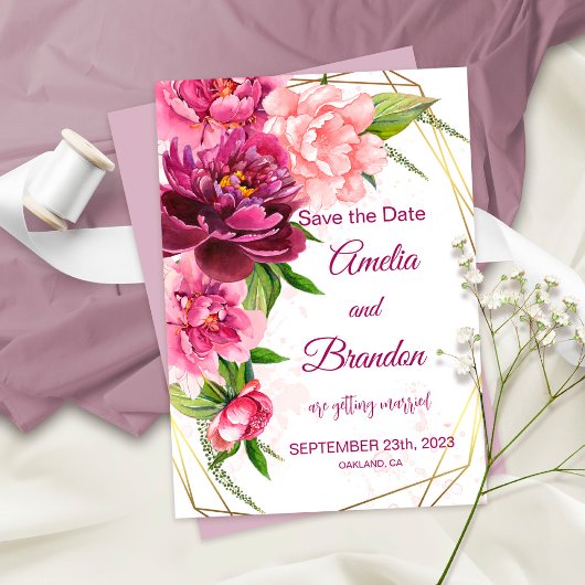Save The Date Aquarelle Pink Peonies Mariage rustique