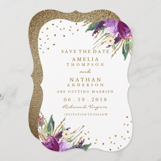 Save The Date Aquarelle Purple Gold Flower Enregistrer La Date (Devant / Derrière)