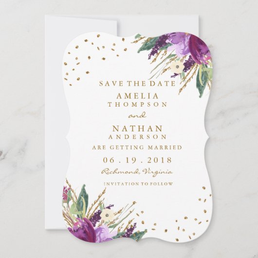 Save The Date Aquarelle Purple Gold Flower Enregistrer La Date (Devant)
