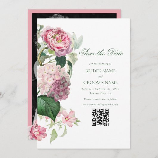 Save The Date Aquarelle romantique Fleurs roses Mariage photo (Devant / Derrière)