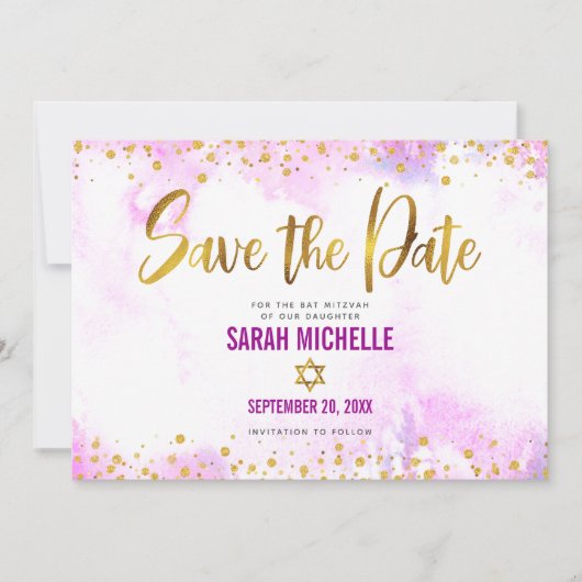 Save The Date Aquarelle rose bat mitzvah Or Script chic fille (Devant)