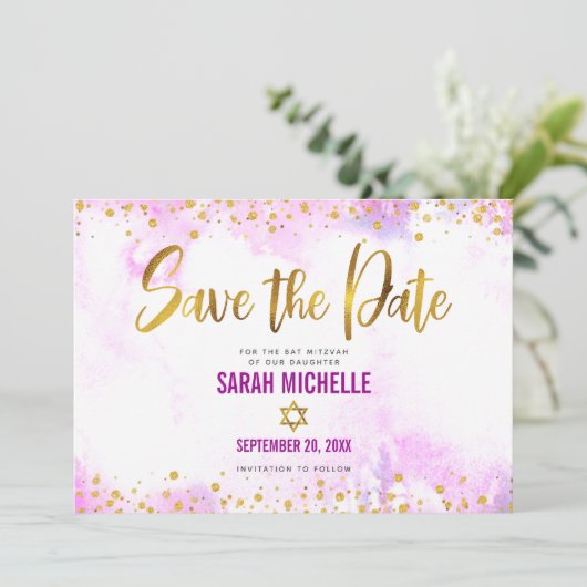 Save The Date Aquarelle rose bat mitzvah Or Script chic fille (Debout devant)
