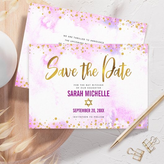 Save The Date Aquarelle rose bat mitzvah Or Script chic fille