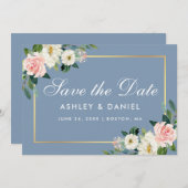 Save The Date Aquarelle rose blanc Floral bleu Dusty (Devant / Derrière)