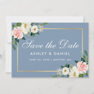 Save The Date Aquarelle rose blanc Floral bleu Dusty